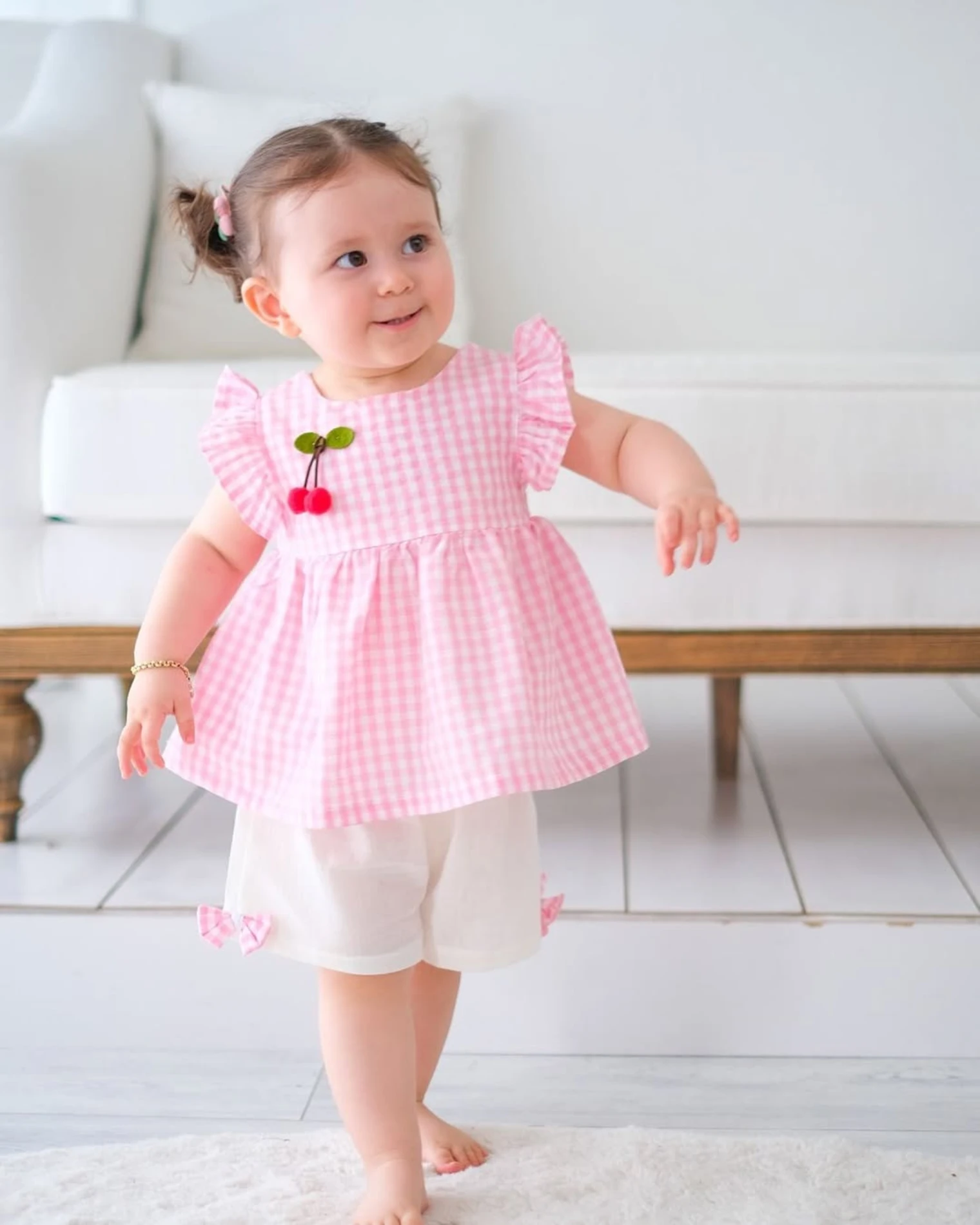 Cherry Ekose Kiraz Detaylı Kız Bebek İkili Takım - PEMBE