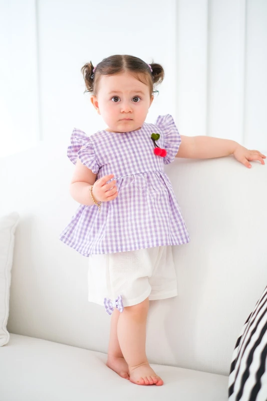 Cherry Ekose Kiraz Detaylı Kız Bebek İkili Takım - LİLA