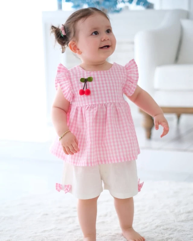 Cherry Ekose Kiraz Detaylı Kız Bebek İkili Takım - PEMBE
