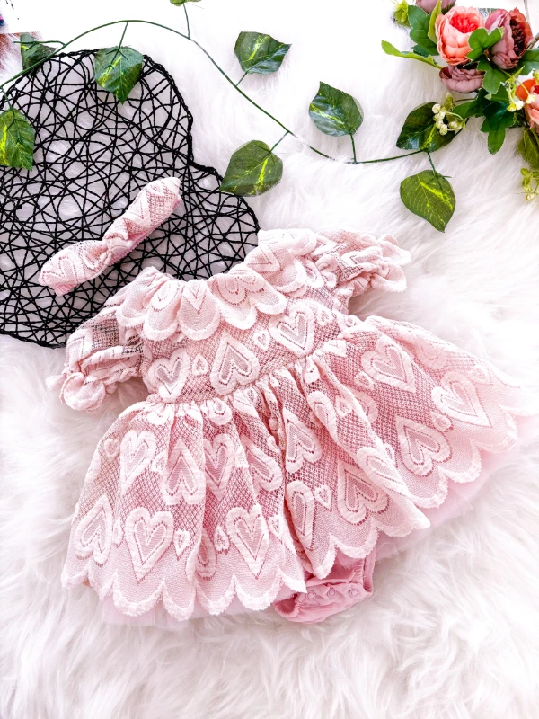 Ada Kalp Desenli Kız Bebek Romper - PUDRA