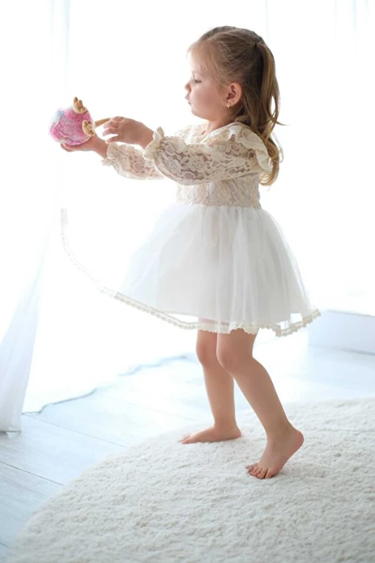 Cindy Kız Çocuk Elbise - Krem - EKRU