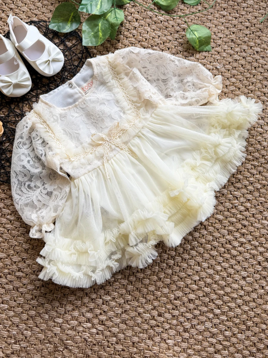 Alwin kız Bebek Elbise romper tütü prenses - EKRU