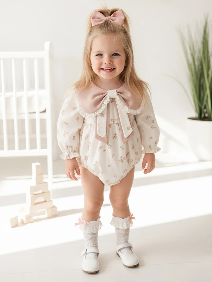 lana kız bebek çıtır çiçek desenli romper tulum - BEJ