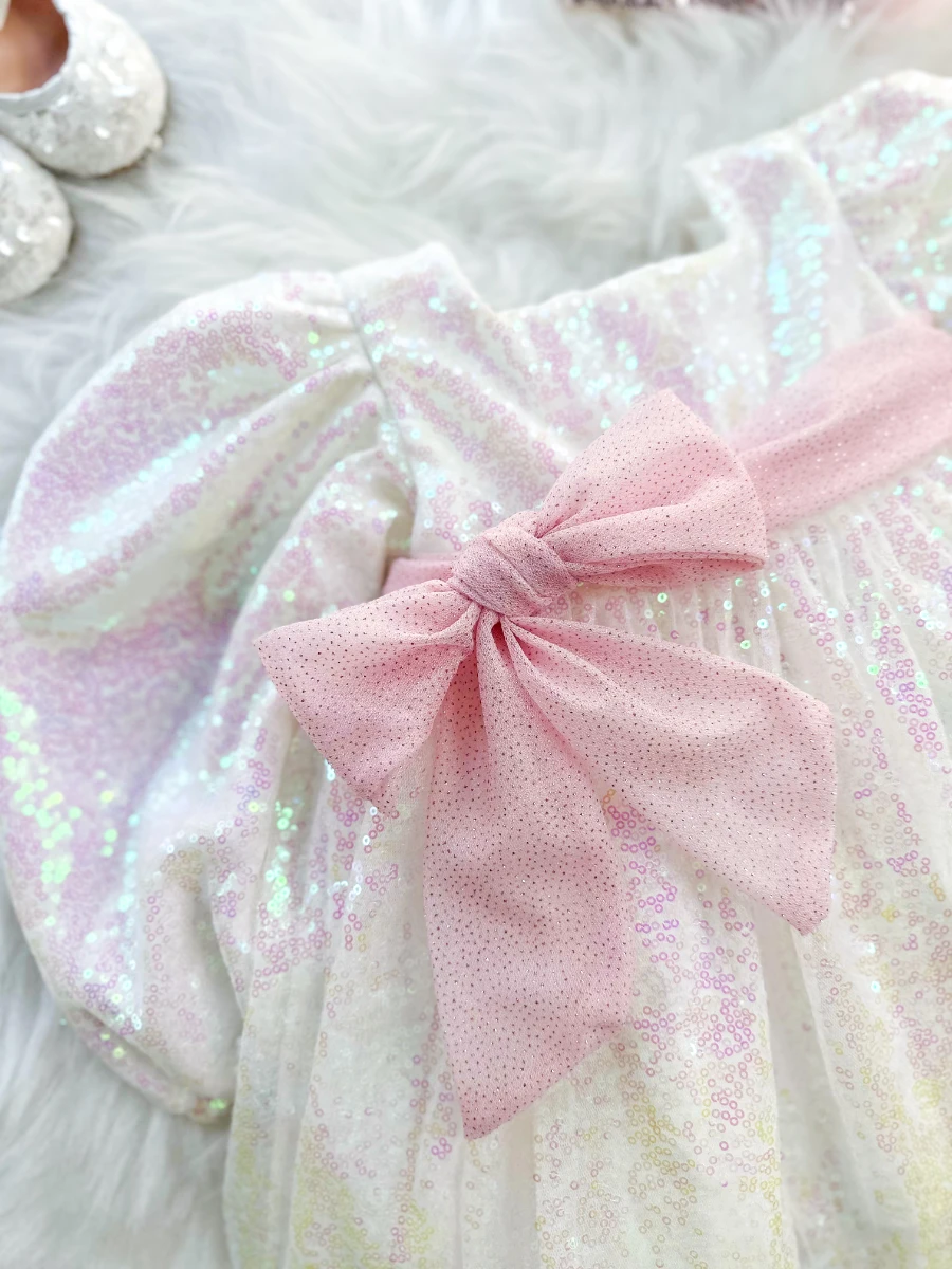 LOTUS Pul Payet Bayramlık Özel Gün Doğum Günü Kız Çocuk Parti Elbisesi - BEYAZ