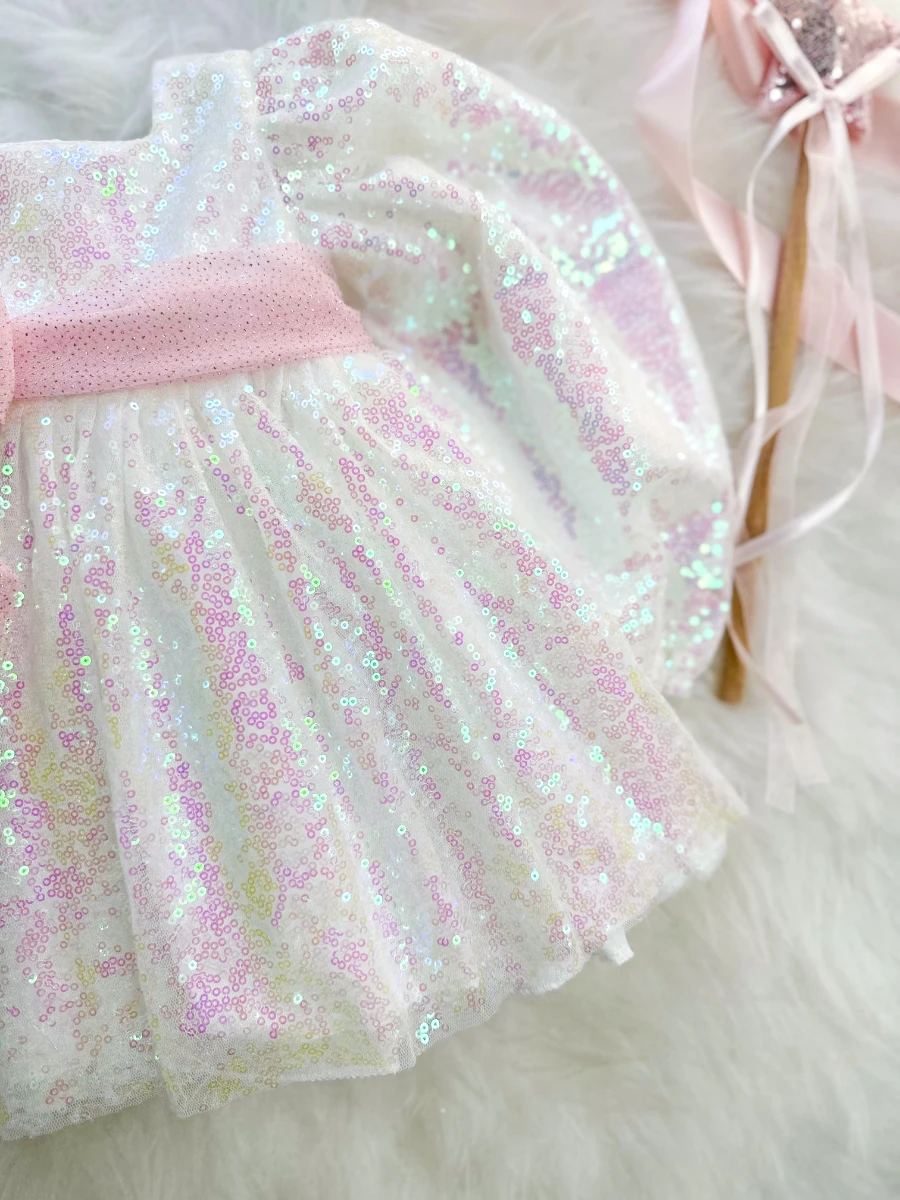 LOTUS Pul Payet Bayramlık Özel Gün Doğum Günü Kız Çocuk Parti Elbisesi - BEYAZ