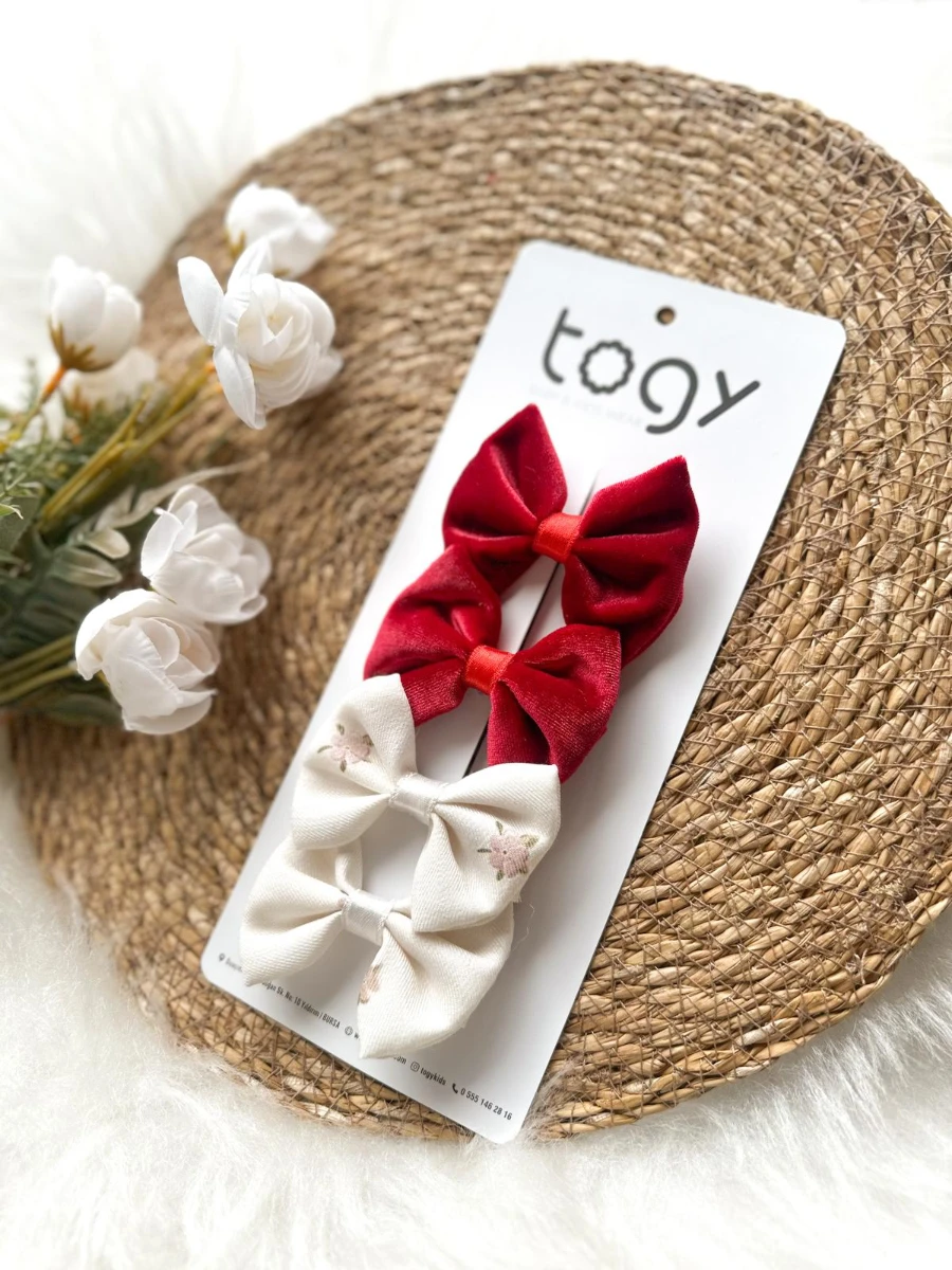 Bordo Kadife Ve Çiçek Desenli Beyaz Fiyonk Kız Çocuk Bebek Toka Seti - BORDO