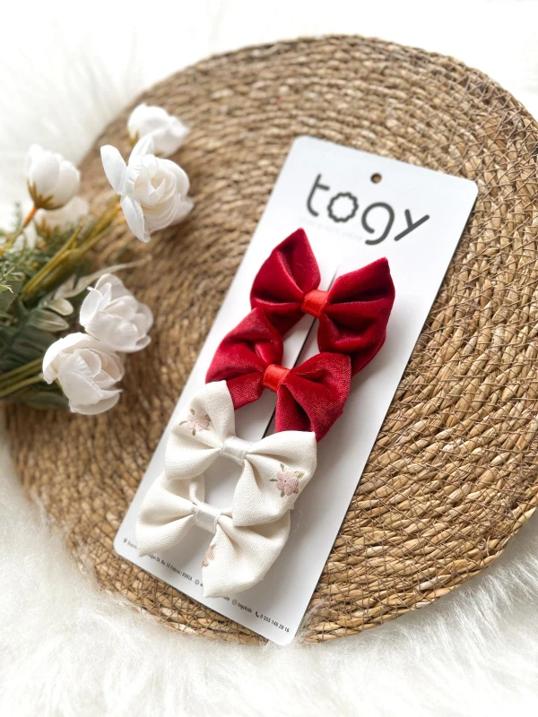 Bordo Kadife Ve Çiçek Desenli Beyaz Fiyonk Kız Çocuk Bebek Toka Seti - BORDO