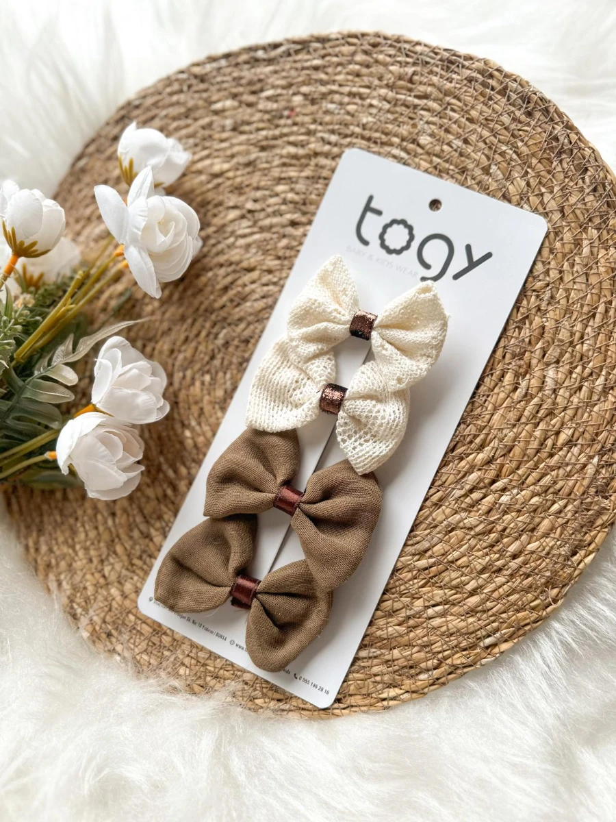 Hasır Dokulu ve Kahverengi Fiyonk Kız Çocuk Bebek Toka Seti  - KAHVERENGİ