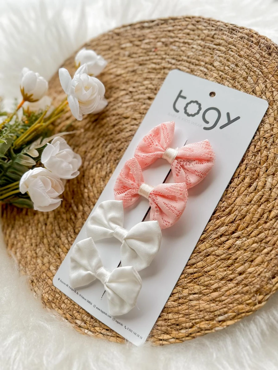 Pembe Dantel Ve Beyaz Fiyonk Kız Çocuk Bebek Toka Seti  - PEMBE