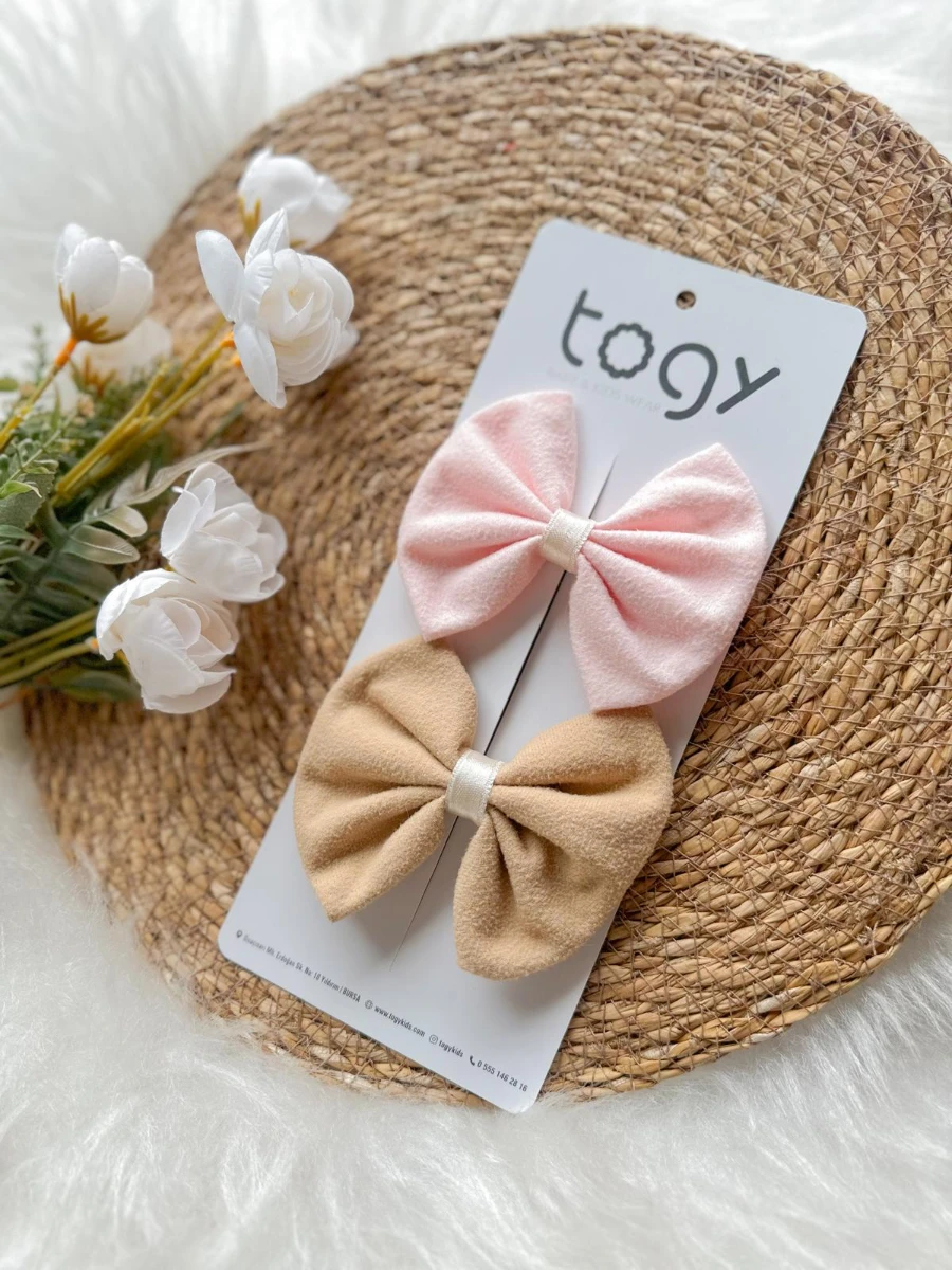 Pudra Ve Kahverengi Fiyonk Kız Çocuk Bebek Toka seti  - PUDRA