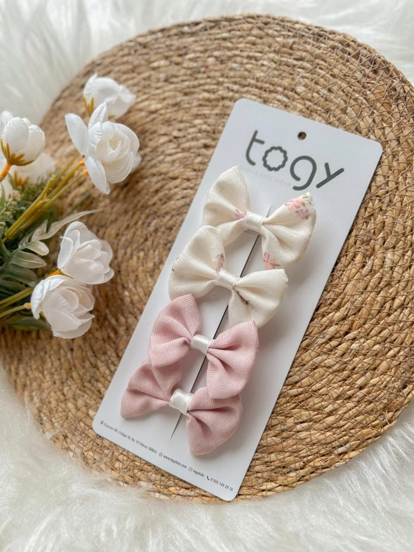 Ekru Çiçek Desenli Ve Pudra Fiyonk Kız Çocuk bebek Toka Seti - KREM