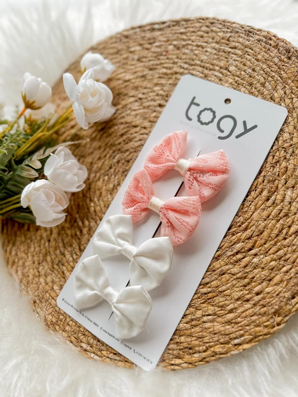 Pembe Dantel Ve Beyaz Fiyonk Kız Çocuk Bebek Toka Seti  - PEMBE