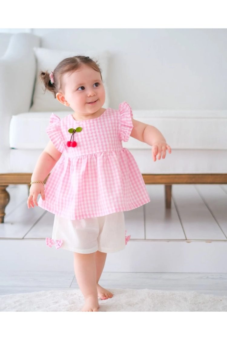 Cherry Ekose Kiraz Detaylı Kız Bebek İkili Takım - Görsel 4