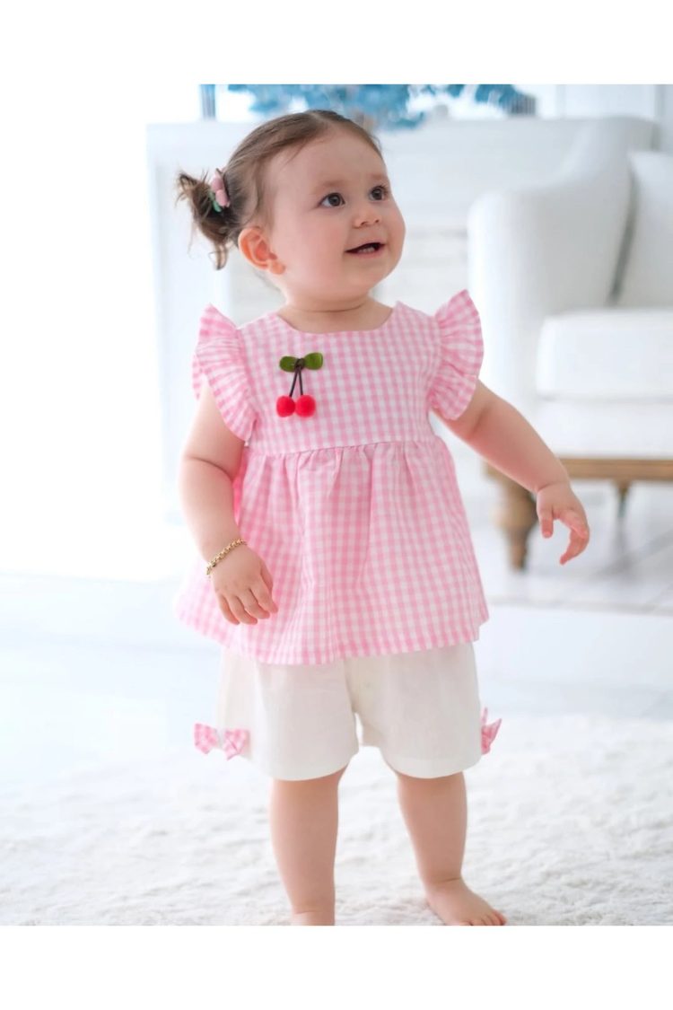 Cherry Ekose Kiraz Detaylı Kız Bebek İkili Takım - Görsel 3