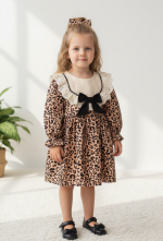 JULIA Leopar Dantel Desenli Uzun Kollu Etekli Kız Çocuk Elbise