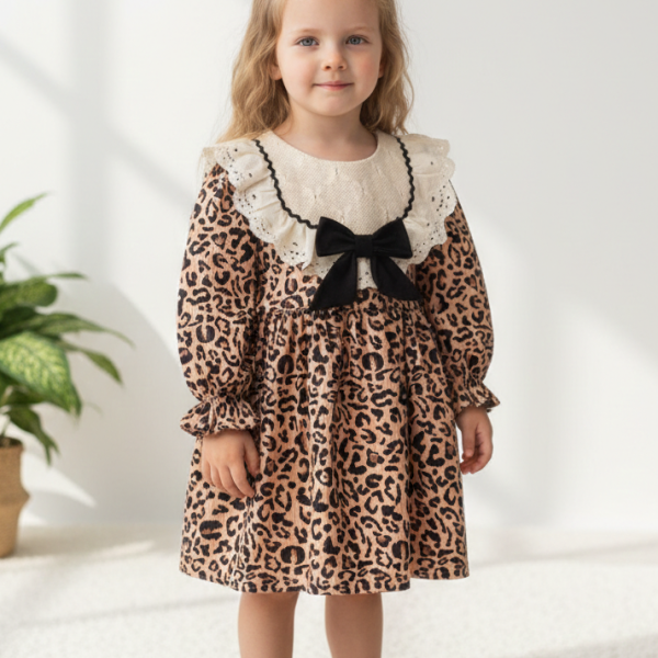 JULIA Leopar Dantel Desenli Uzun Kollu Etekli Kız Çocuk Elbise