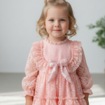 CLEO Kız Çocuk Pembe,Ekru,Kırmızı Dantel Detaylı Uzun Kollu Özel Gün Bayramlık Elbise
