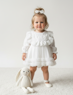 ASTER Beyaz Uzun Kollu Dantel Detaylı Etekli Kız Çocuk Bebek Özel Gün Bayramlık Elbise - Görsel 8