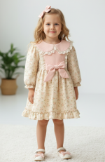 SANABEL Dantel Yaka Detaylı Fırfır Etekli Uzun Kollu Kız Çocuk Bayramlık Özel Gün Elbise