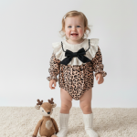 AMELIA Leopar Desenli Dantel Yaka Detaylı Fiyonklu Kız Bebek Çocuk Romper
