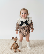 AMELIA Leopar Desenli Dantel Yaka Detaylı Fiyonklu Kız Bebek Çocuk Romper