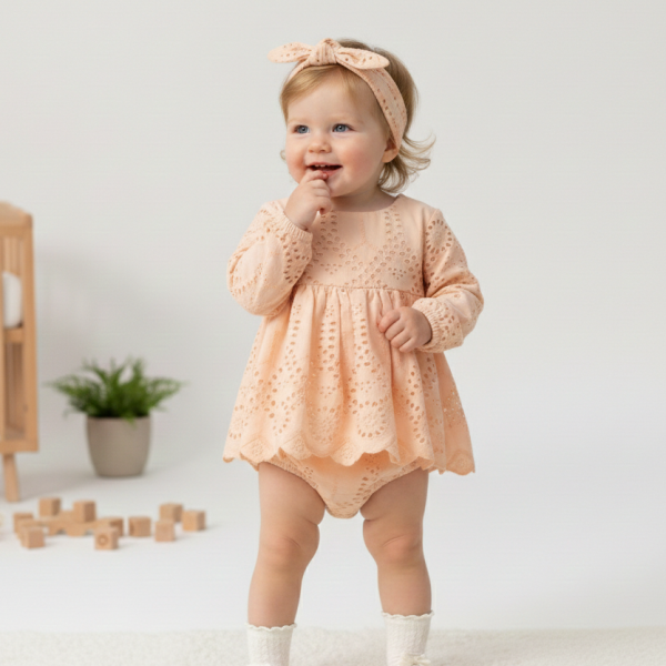 SIENNA Kız Bebek Somon Rengi Brode Nakışlı Fisto Elbise ve Bandana Takımı