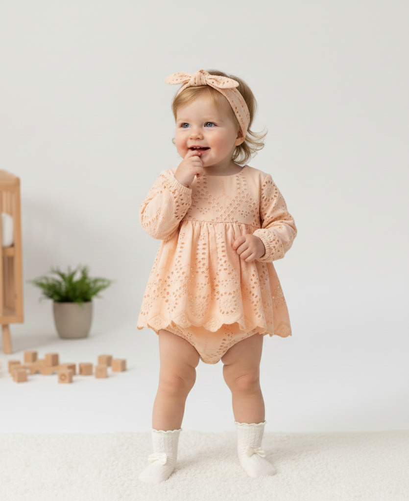 Gemini_Generated_Image_ssacokssacokssac SIENNA Kız Bebek Somon Rengi Brode Nakışlı Fisto Elbise ve Bandana Takımı - Görsel 1