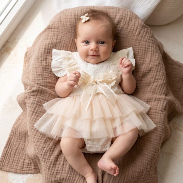 LİANA Krem Yumuşak Tütü Romper Kısa Kollu Kız Bebek Elbise