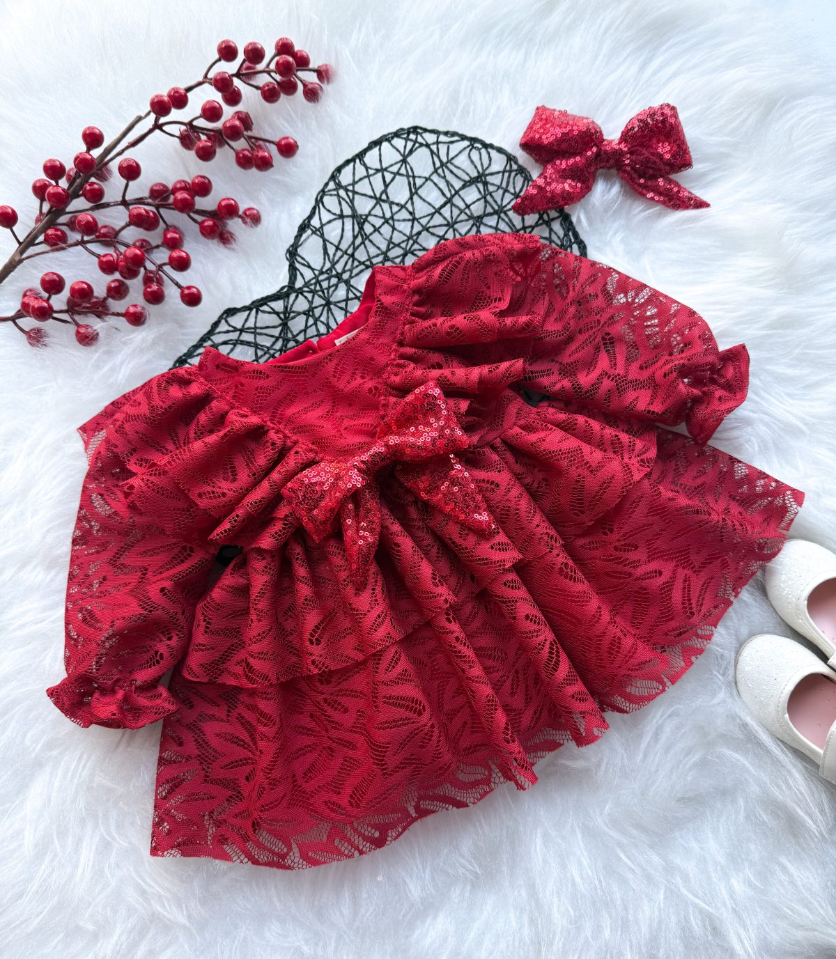 LOLA Kız Bebek Dantel Detaylı Uzun Kollu Özel Gün Bayramlık Abiye Elbise - Görsel 3