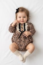 GRACE Leopar Desenli Uzun Kollu Dantel Detaylı Fiyonklu Kız Bebek Romper