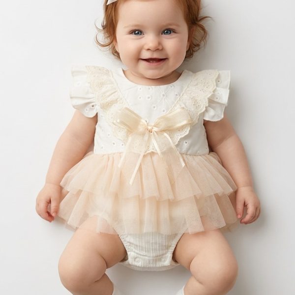 LİANA Krem Yumuşak Tütü Romper Kısa Kollu Kız Bebek Elbise