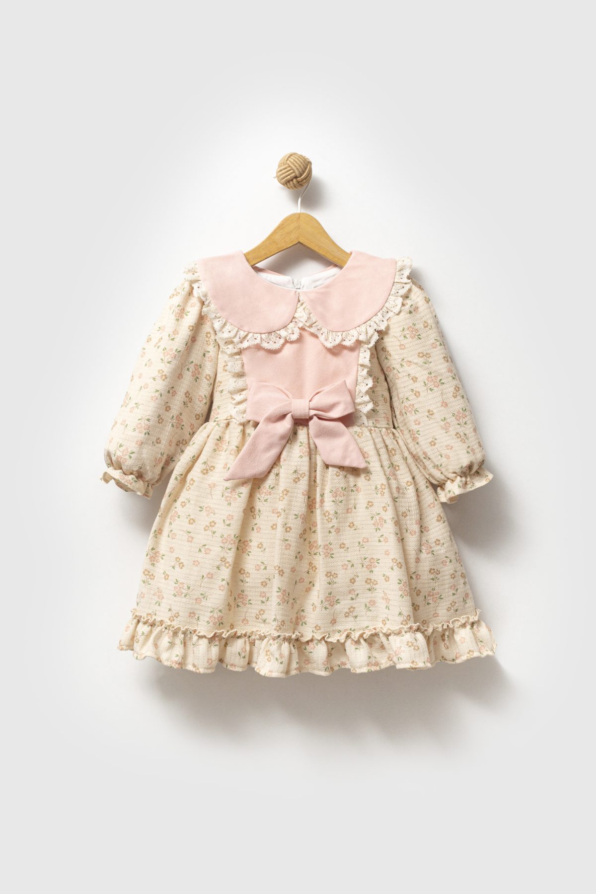 SANABEL Dantel Yaka Detaylı Fırfır Etekli Uzun Kollu Kız Çocuk Bayramlık Özel Gün Elbise - Görsel 3