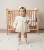 ELİSE Krem Yumuşak Tütü Romper Uzun Kollu Kız Bebek Elbise