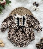 GRACE Leopar Desenli Uzun Kollu Dantel Detaylı Fiyonklu Kız Bebek Romper - Görsel 3