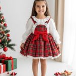 BELİNAY Kız Çocuk Yılbaşı Uzun Kol Tütü Prenses Ekoseli Vintage Elbise