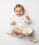 ASTER Beyaz Uzun Kollu Dantel Detaylı Etekli Kız Çocuk Bebek Özel Gün Bayramlık Elbise