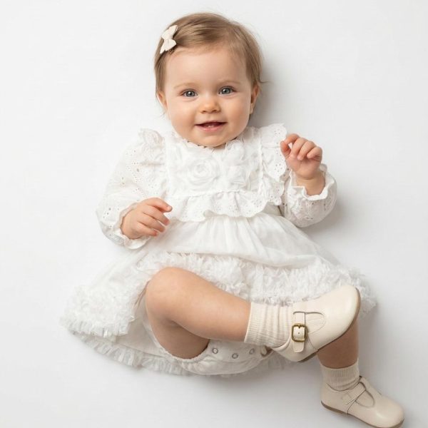 ASTER Beyaz Uzun Kollu Dantel Detaylı Etekli Kız Çocuk Bebek Özel Gün Bayramlık Elbise