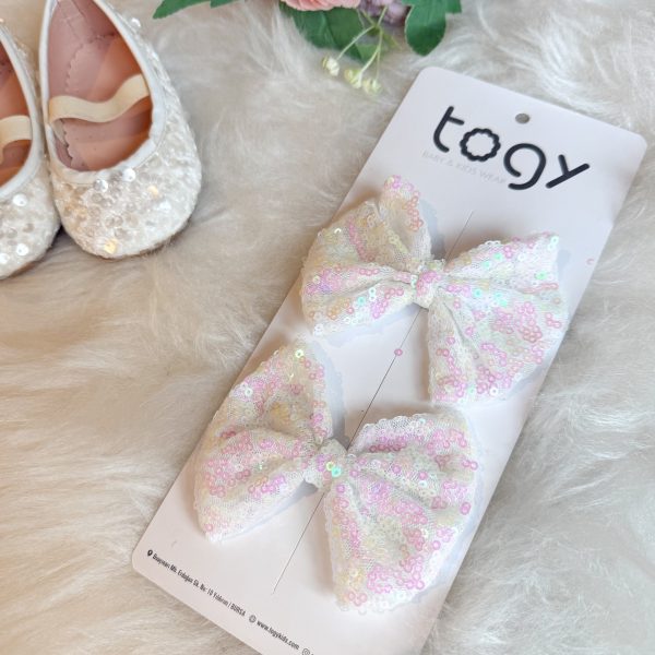 Beyaz Pul Payet Fiyonk Kız Çocuk Bebek 2'li Toka