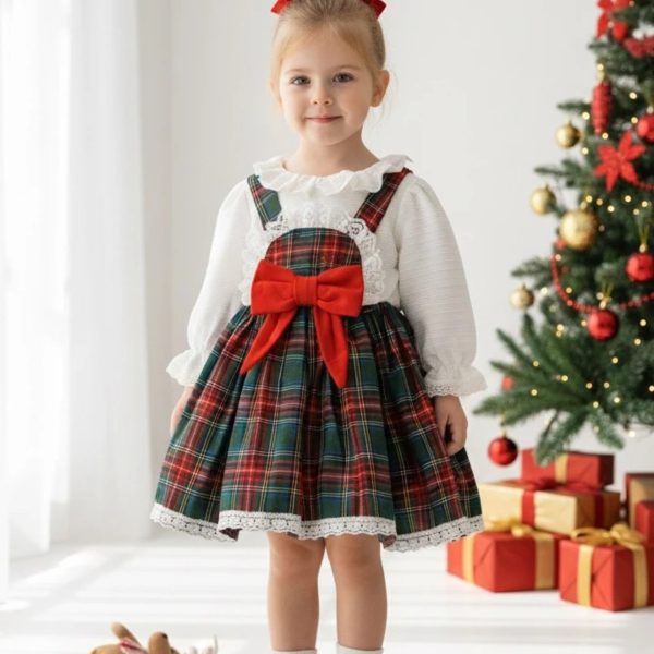 BELİNAY Kız Çocuk Yılbaşı Uzun Kol Tütü Prenses Ekoseli Vintage Elbise