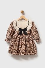 JULIA Leopar Dantel Desenli Uzun Kollu Etekli Kız Çocuk Elbise - Görsel 3