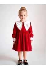 PATRICIA Kırmızı Kadife Beyaz Yakalı Uzun Kollu Özel Gün Bayramlık Kız Çocuk Elbise