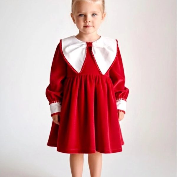 PATRICIA Kırmızı Kadife Beyaz Yakalı Uzun Kollu Özel Gün Bayramlık Kız Çocuk Elbise