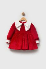 PATRICIA Kırmızı Kadife Beyaz Yakalı Uzun Kollu Özel Gün Bayramlık Kız Çocuk Elbise - Görsel 2