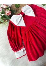 PATRICIA Kırmızı Kadife Beyaz Yakalı Uzun Kollu Özel Gün Bayramlık Kız Çocuk Elbise - Görsel 3