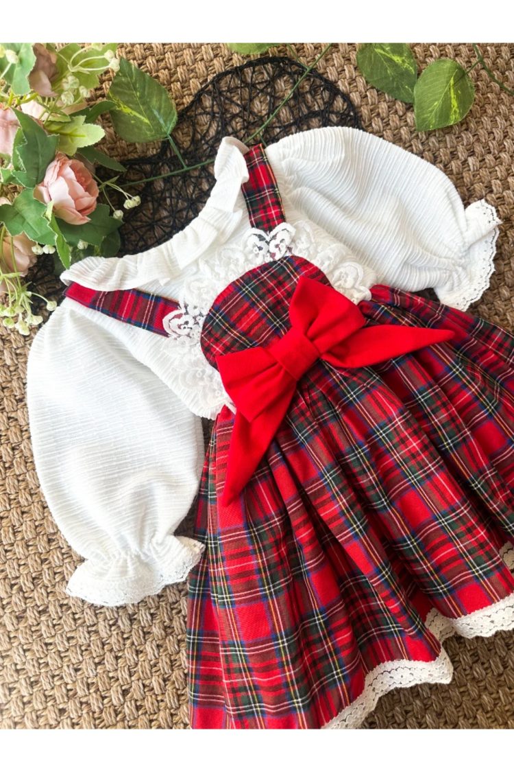 BELİNAY Kız Çocuk Yılbaşı Uzun Kol Tütü Prenses Ekoseli Vintage Elbise - Görsel 3