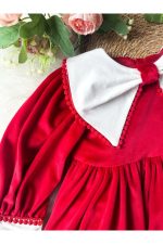 PATRICIA Kırmızı Kadife Beyaz Yakalı Uzun Kollu Özel Gün Bayramlık Kız Çocuk Elbise - Görsel 4