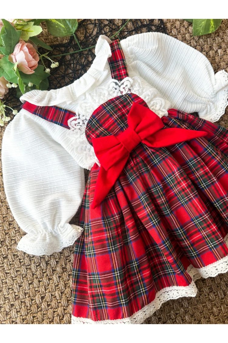 BELİNAY Kız Çocuk Yılbaşı Uzun Kol Tütü Prenses Ekoseli Vintage Elbise - Görsel 7
