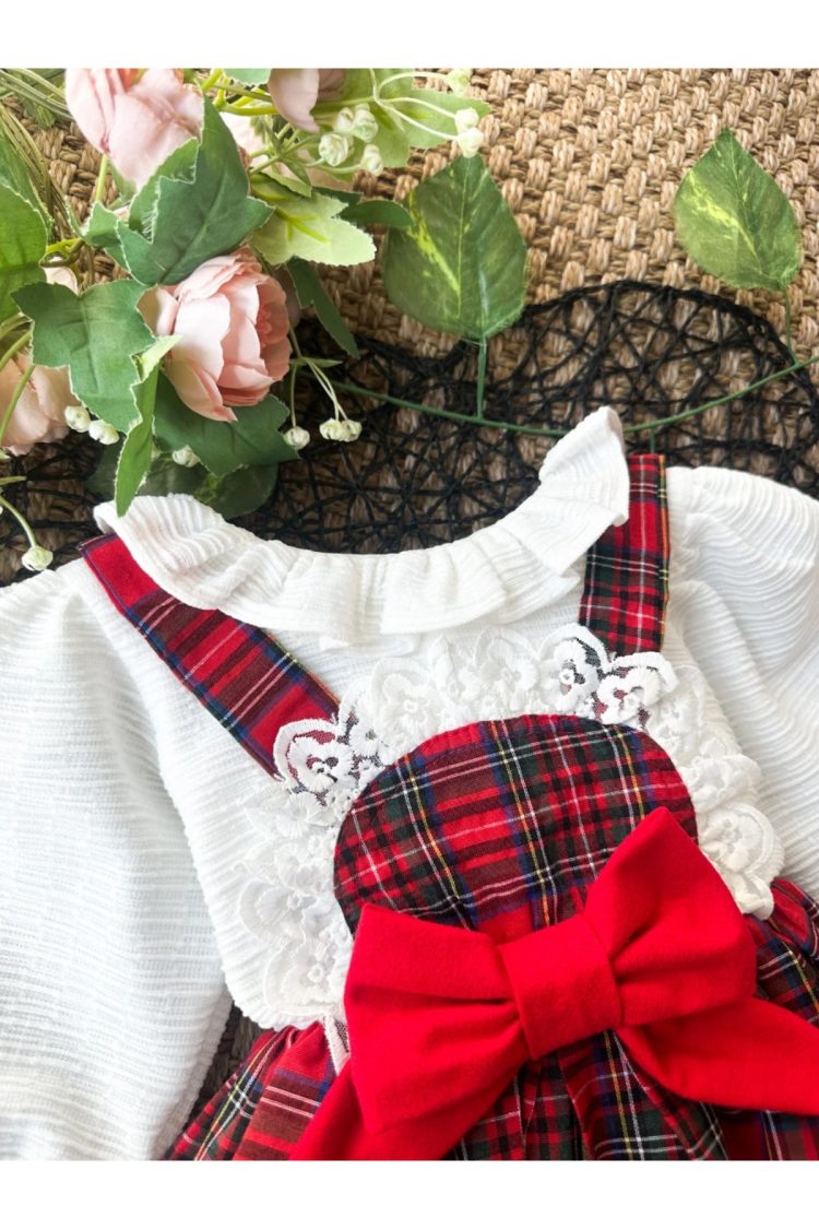 BELİNAY Kız Çocuk Yılbaşı Uzun Kol Tütü Prenses Ekoseli Vintage Elbise - Görsel 4