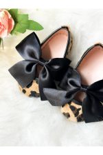 Saten Fiyonklu Leopar Desenli Kız Çocuk Bebek Babet Ayakkabı