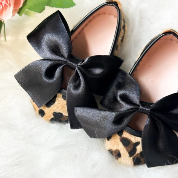 Saten Fiyonklu Leopar Desenli Kız Çocuk Bebek Babet Ayakkabı